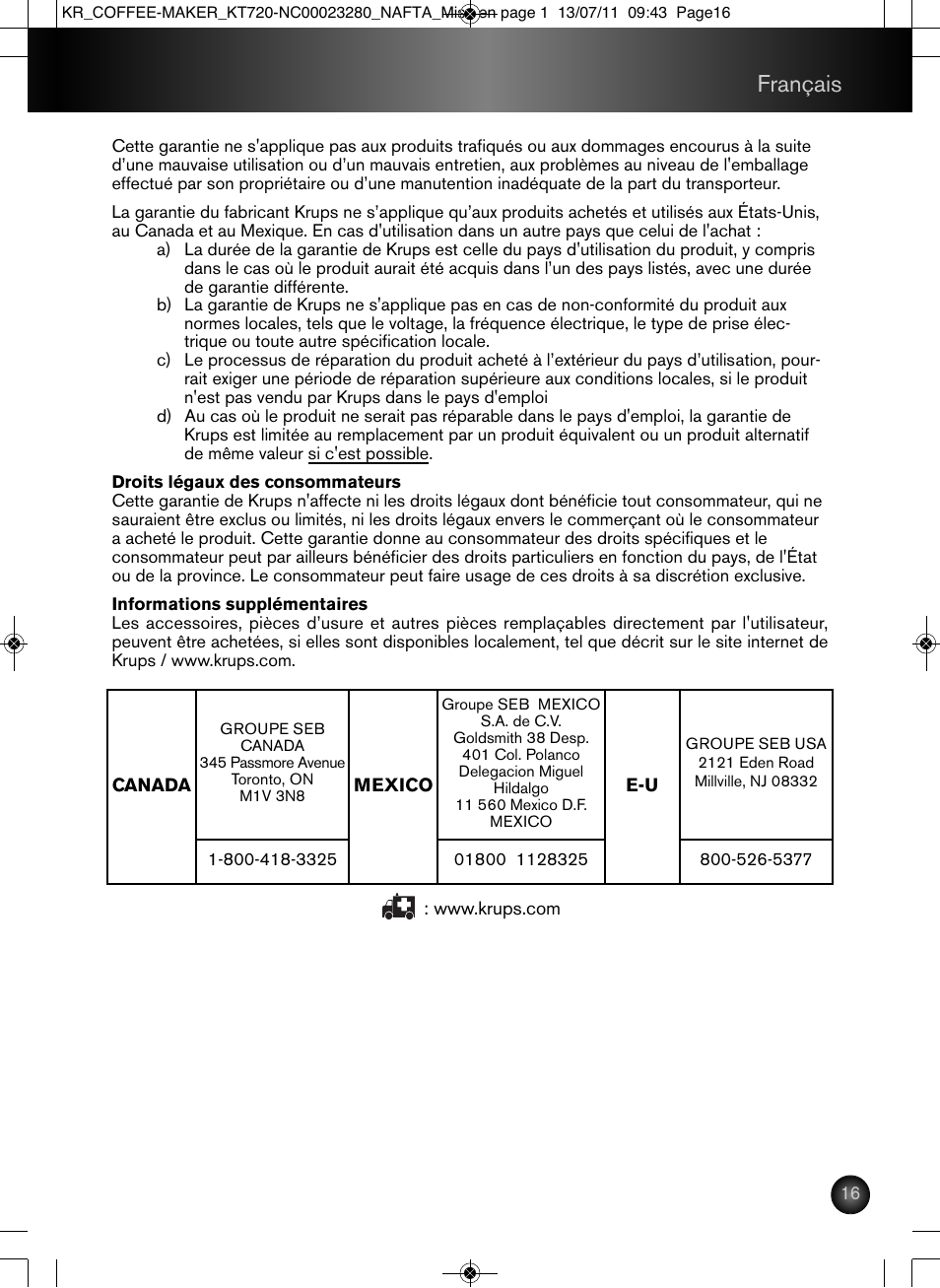 Français | Krups Coffee Maker NC00023280 User Manual | Page 17 / 26