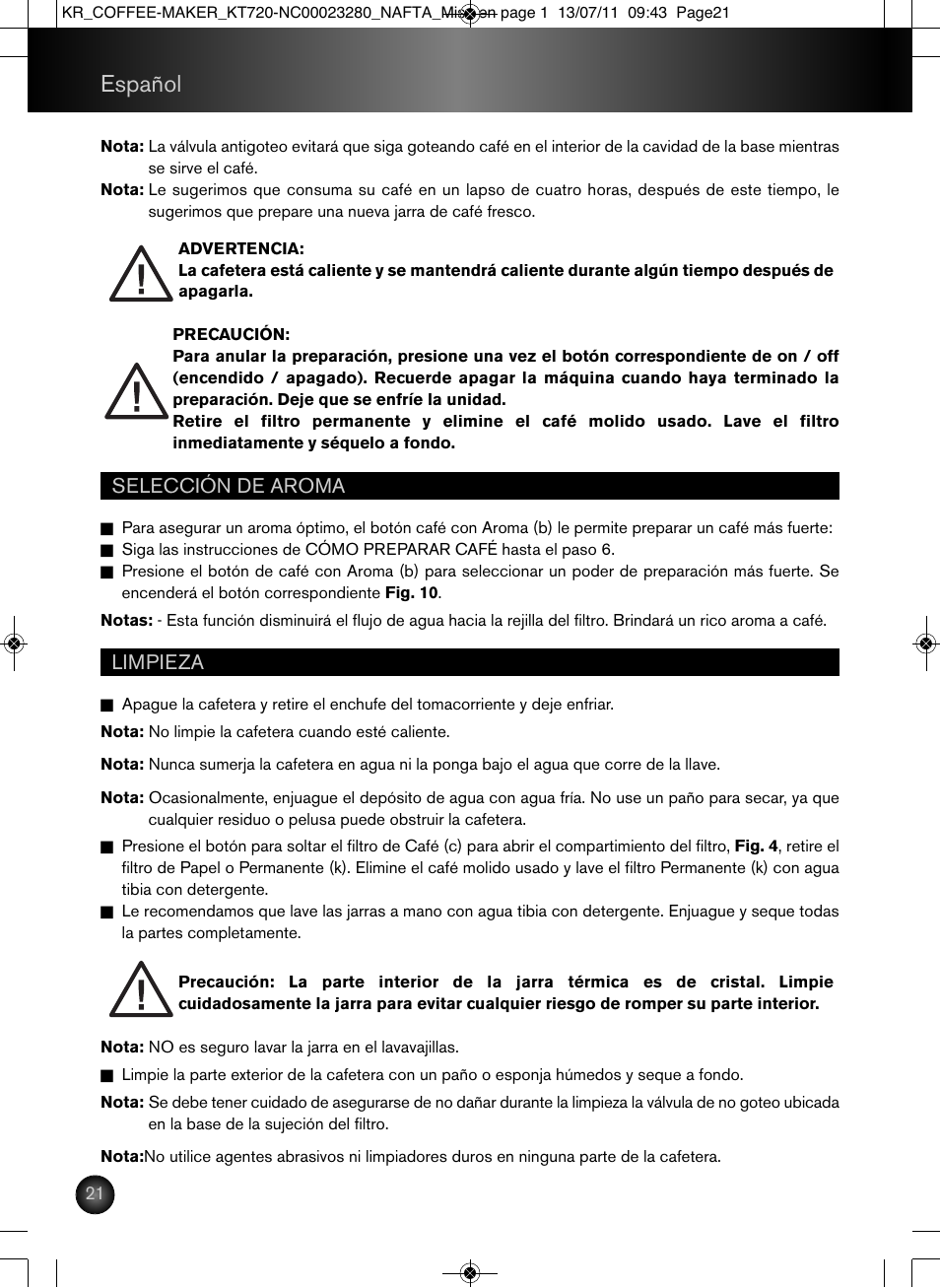 Español, Selección de aroma, Limpieza | Krups Coffee Maker NC00023280 User Manual | Page 22 / 26