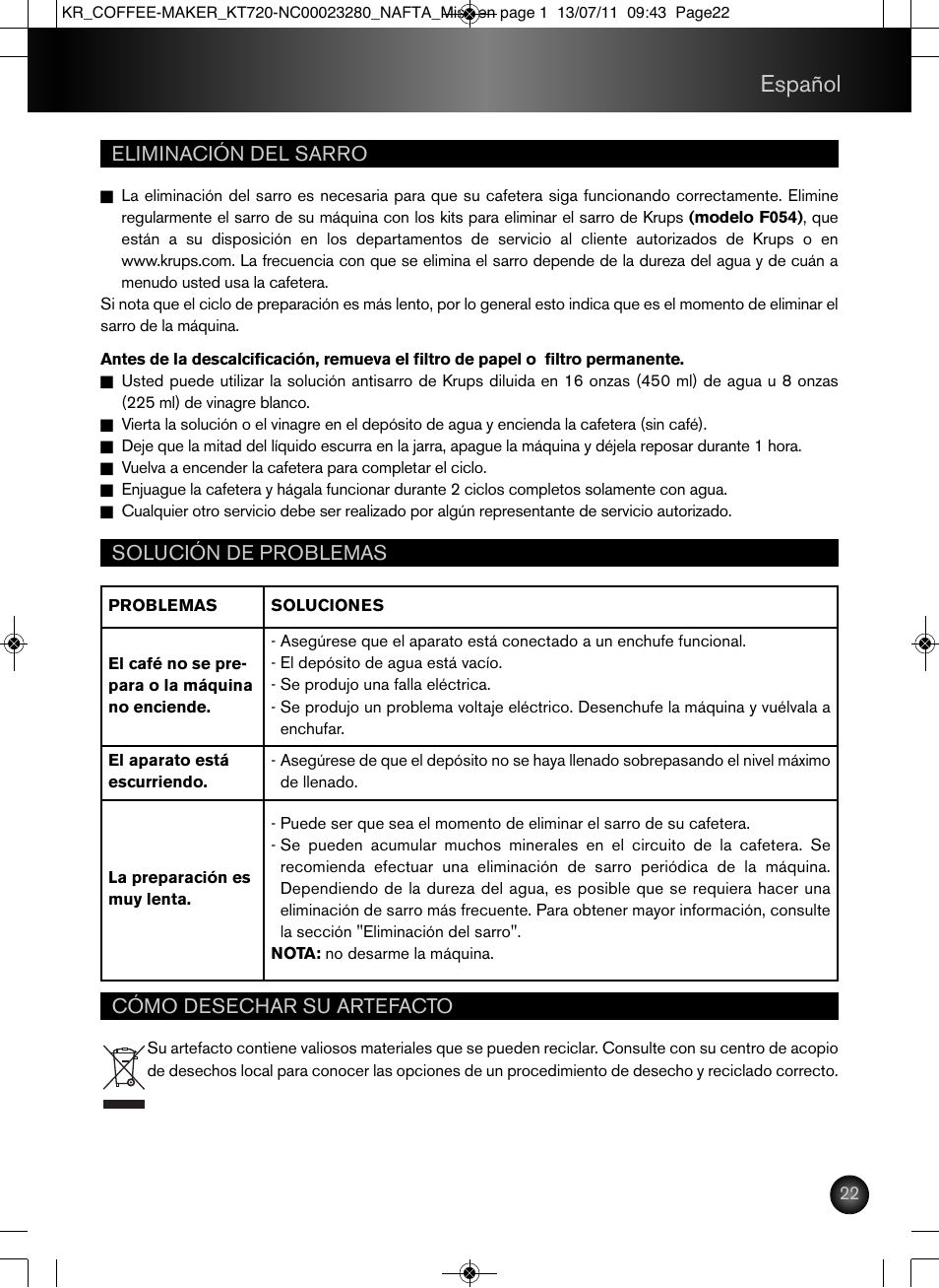 Español | Krups Coffee Maker NC00023280 User Manual | Page 23 / 26