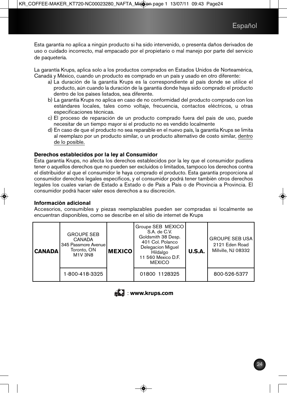 Español | Krups Coffee Maker NC00023280 User Manual | Page 25 / 26