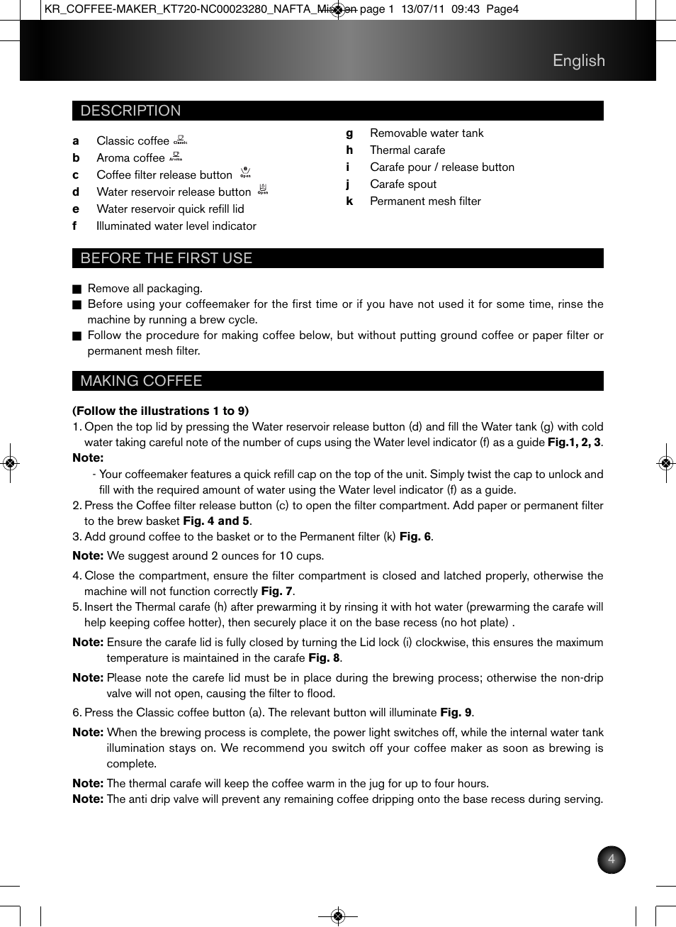 English, Description before the first use, Making coffee | Krups Coffee Maker NC00023280 User Manual | Page 5 / 26