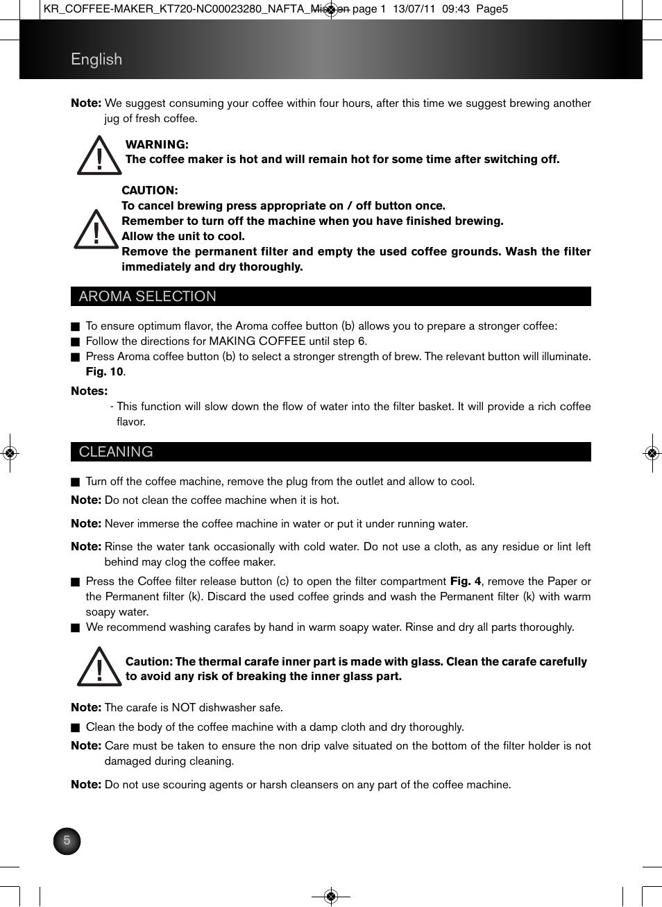 English, Aroma selection, Cleaning | Krups Coffee Maker NC00023280 User Manual | Page 6 / 26