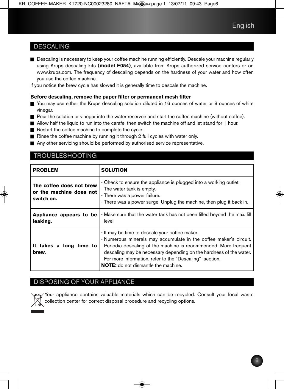 English | Krups Coffee Maker NC00023280 User Manual | Page 7 / 26