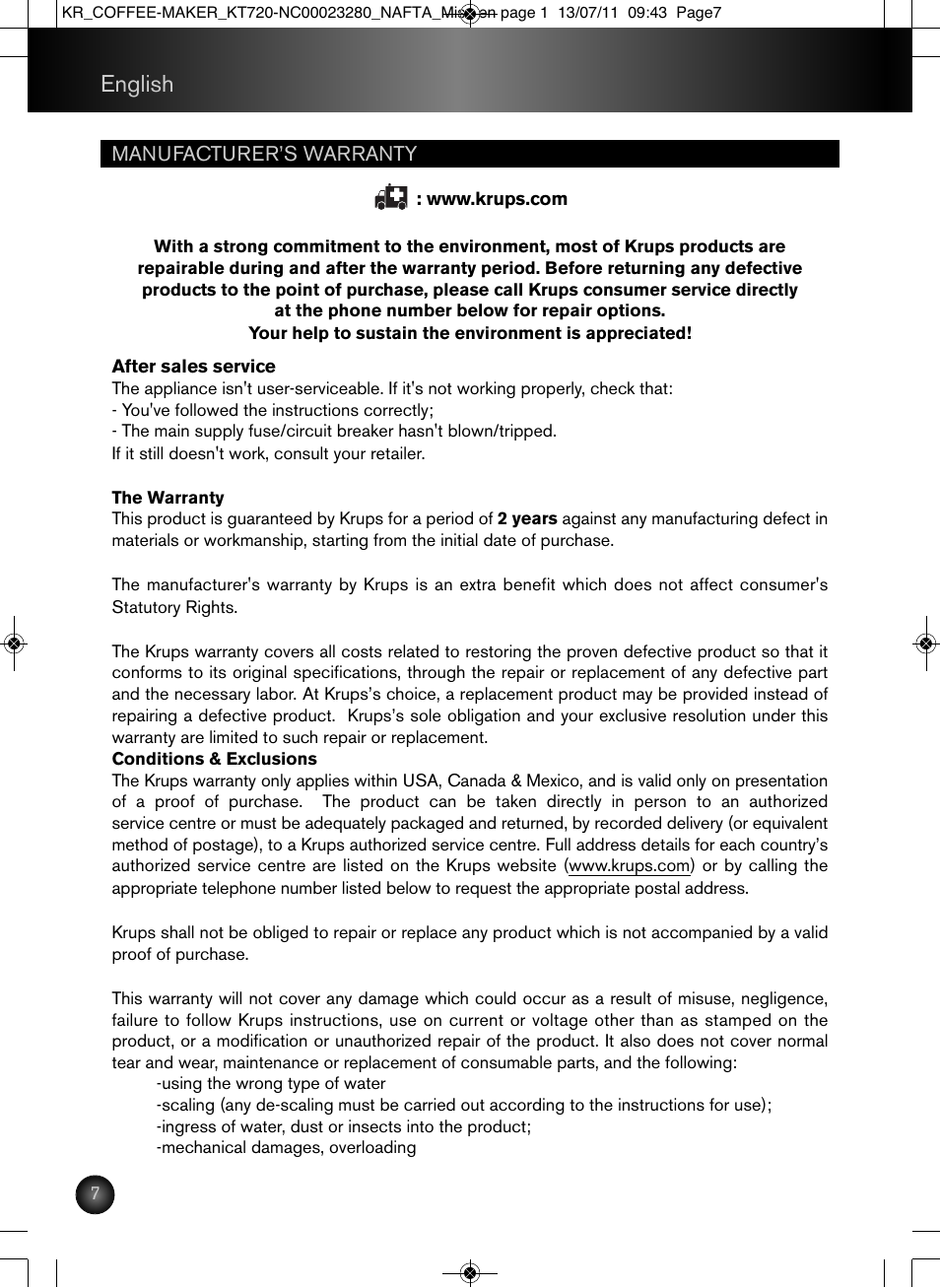 English | Krups Coffee Maker NC00023280 User Manual | Page 8 / 26
