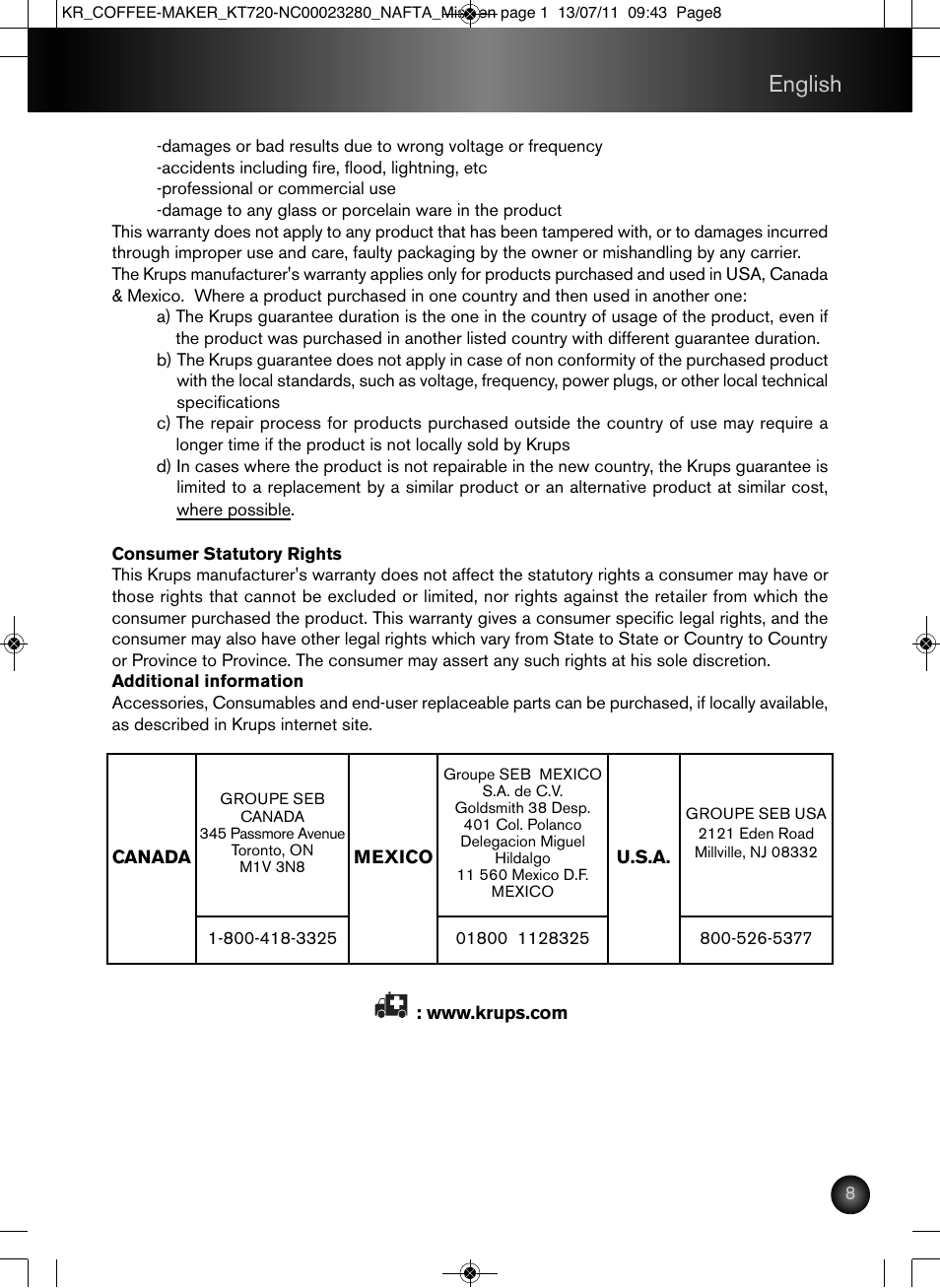 English | Krups Coffee Maker NC00023280 User Manual | Page 9 / 26