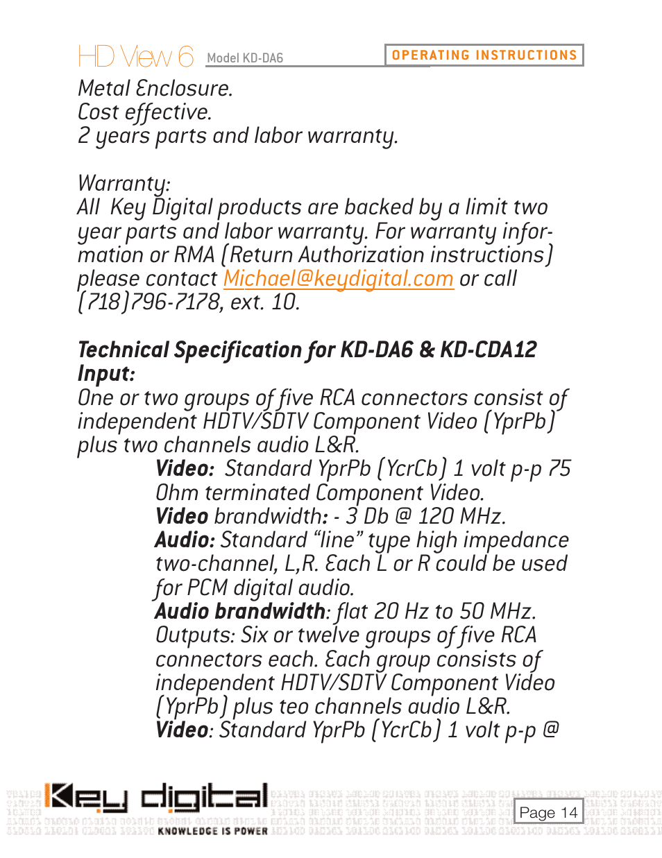 Hd view 6 | Key Digital KD-DA6 User Manual | Page 14 / 16