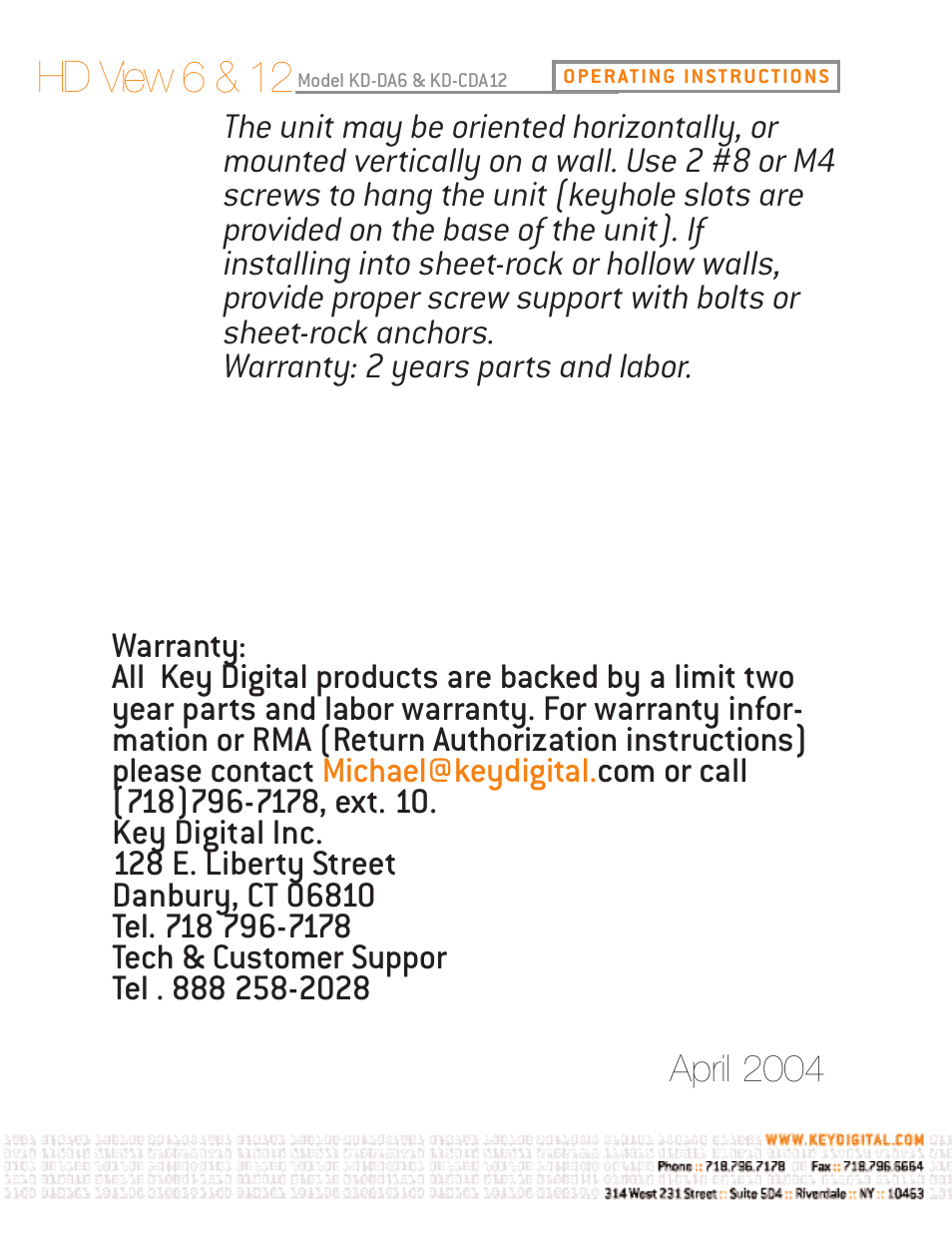 Hd view 6 & 12 | Key Digital KD-DA6 User Manual | Page 16 / 16