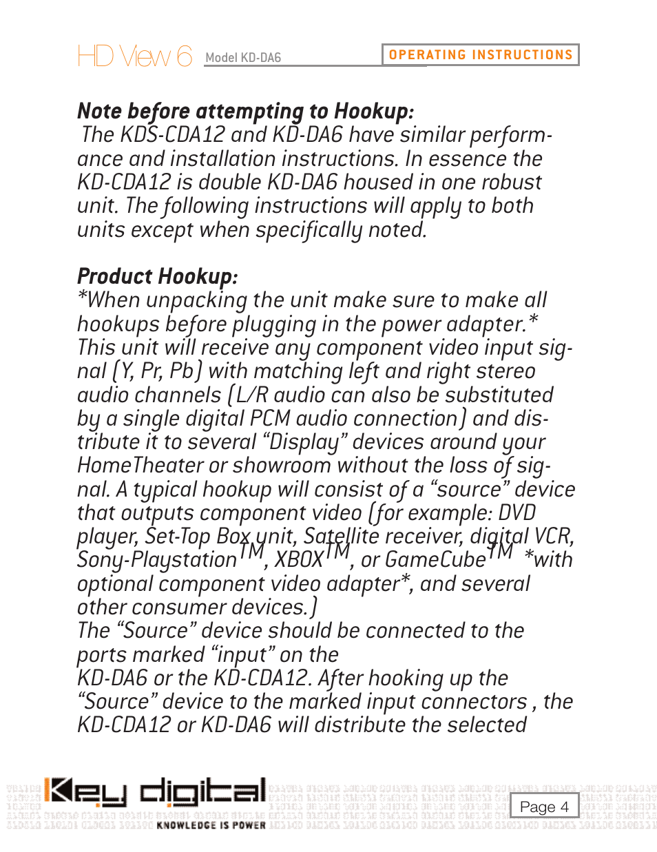 Hd view 6 | Key Digital KD-DA6 User Manual | Page 4 / 16