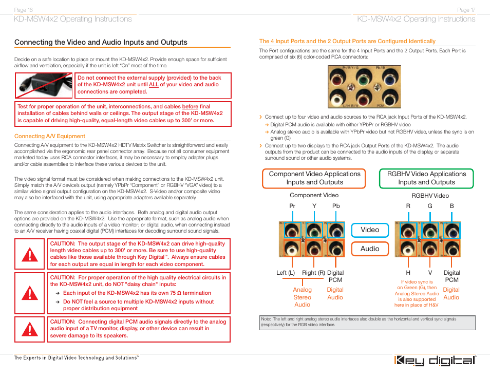 Kd-msw4x2 operating instructions, Connecting the video and audio inputs and outputs, Video audio | Key Digital FATBOY KD-MSW4X2 User Manual | Page 10 / 20