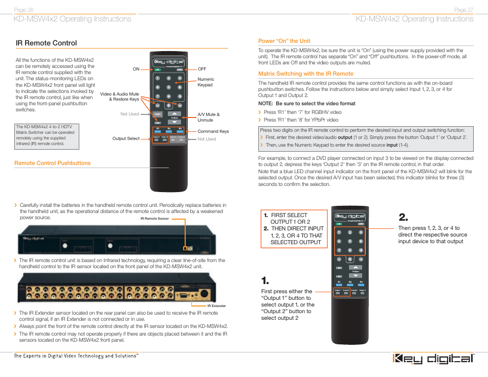 Kd-msw4x2 operating instructions, Ir remote control | Key Digital FATBOY KD-MSW4X2 User Manual | Page 15 / 20