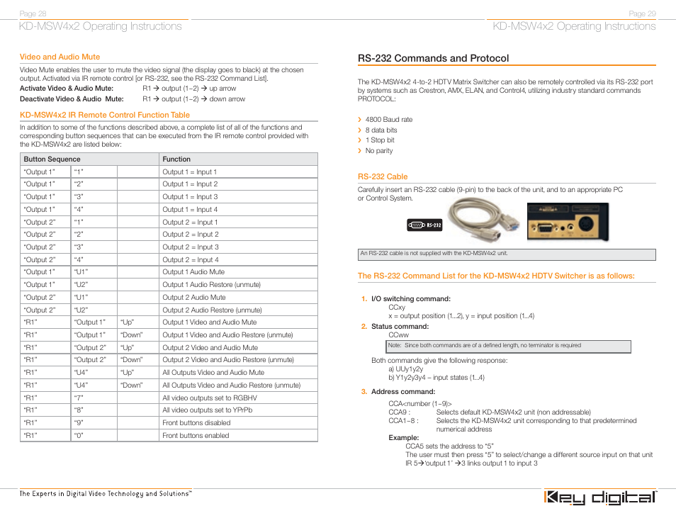 Kd-msw4x2 operating instructions, Rs-232 commands and protocol | Key Digital FATBOY KD-MSW4X2 User Manual | Page 16 / 20