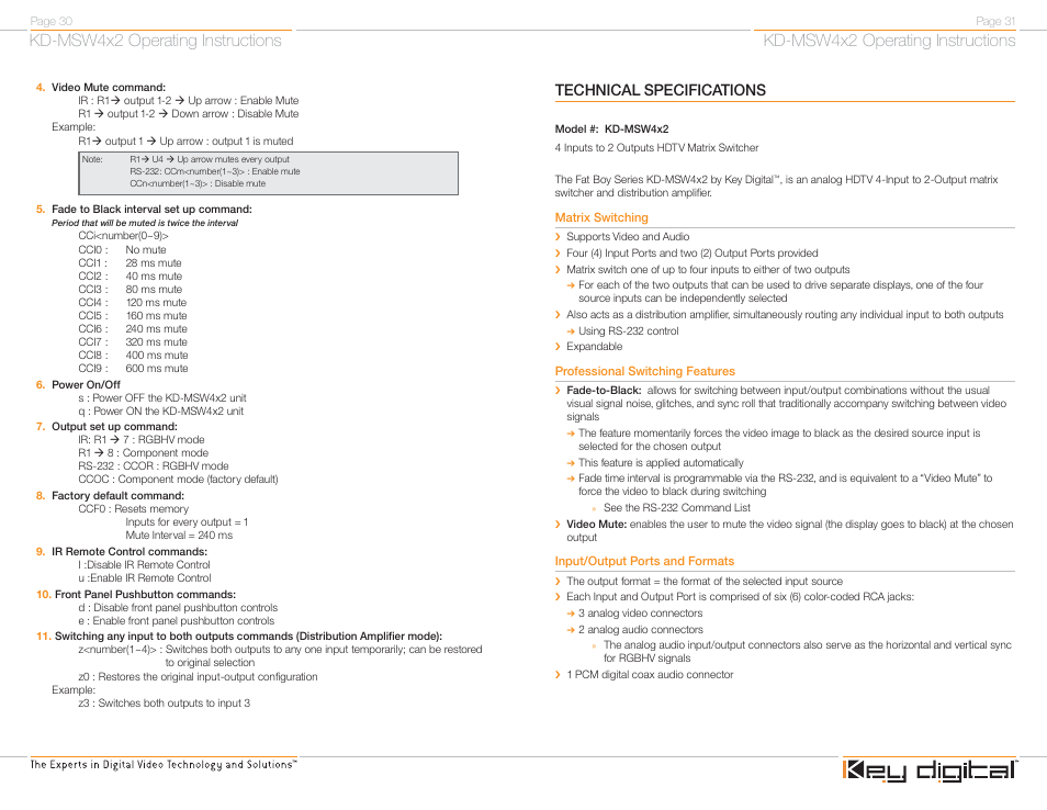 Kd-msw4x2 operating instructions, Technical specifications | Key Digital FATBOY KD-MSW4X2 User Manual | Page 17 / 20