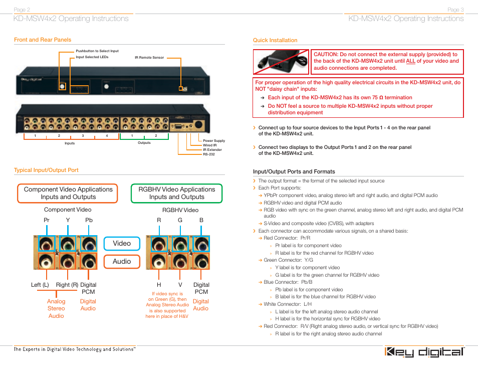 Kd-msw4x2 operating instructions, Video audio | Key Digital FATBOY KD-MSW4X2 User Manual | Page 3 / 20
