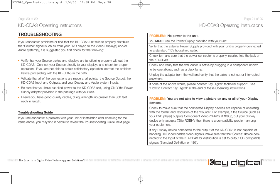 Kd-cda3 operating instructions, Troubleshooting | Key Digital KD-CDA3 User Manual | Page 13 / 18