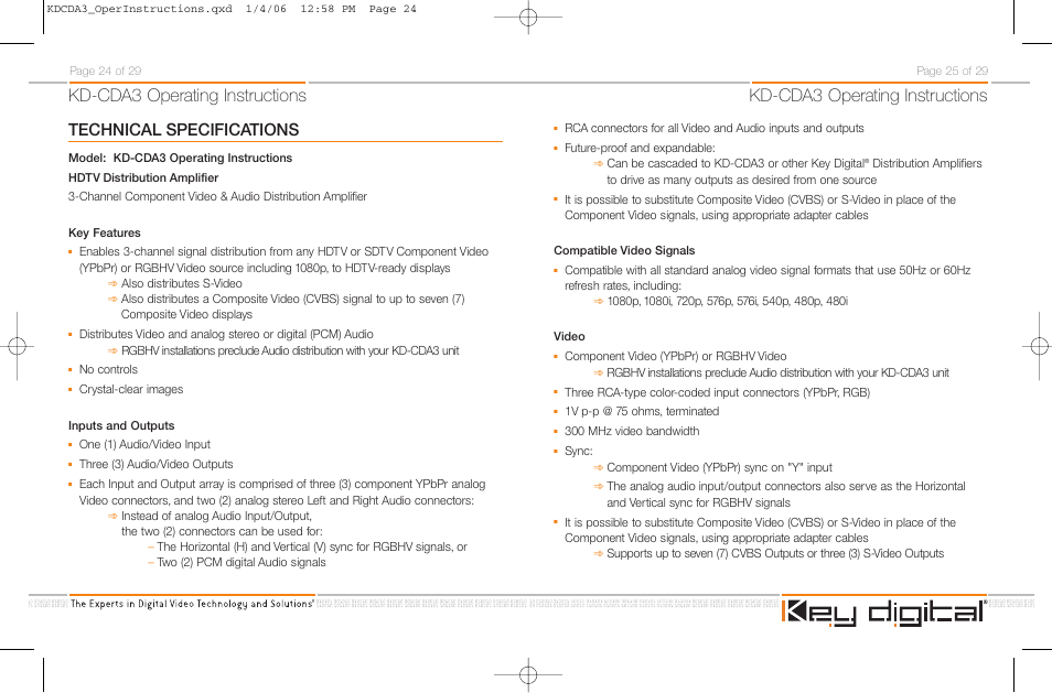 Kd-cda3 operating instructions, Technical specifications | Key Digital KD-CDA3 User Manual | Page 15 / 18