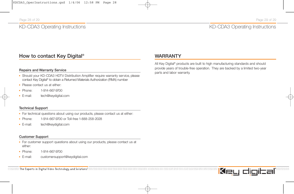 How to contact key digital, Kd-cda3 operating instructions, Warranty | Key Digital KD-CDA3 User Manual | Page 17 / 18