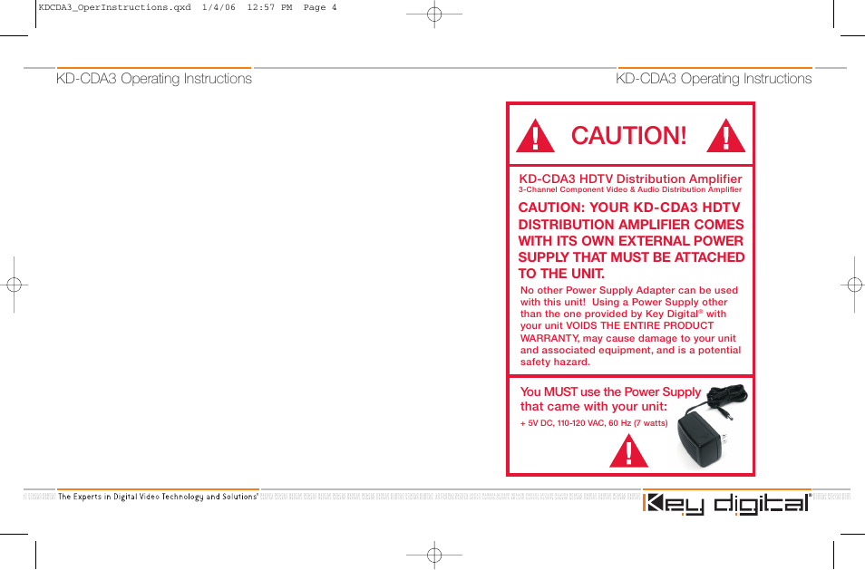 Caution, Kd-cda3 operating instructions | Key Digital KD-CDA3 User Manual | Page 2 / 18