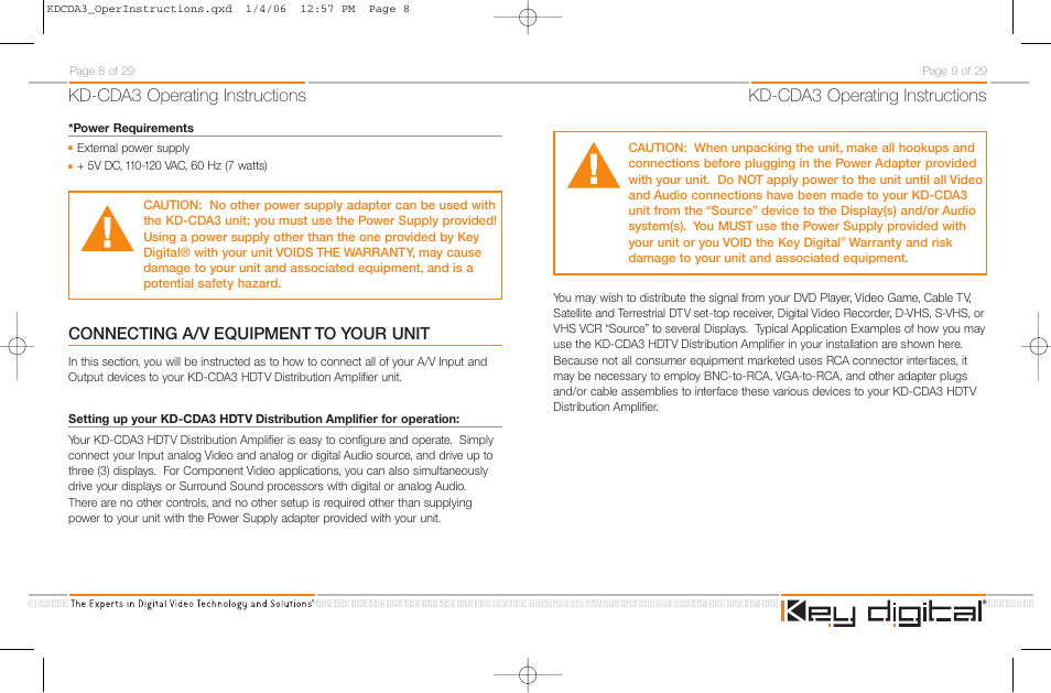 Kd-cda3 operating instructions, Connecting a/v equipment to your unit | Key Digital KD-CDA3 User Manual | Page 7 / 18