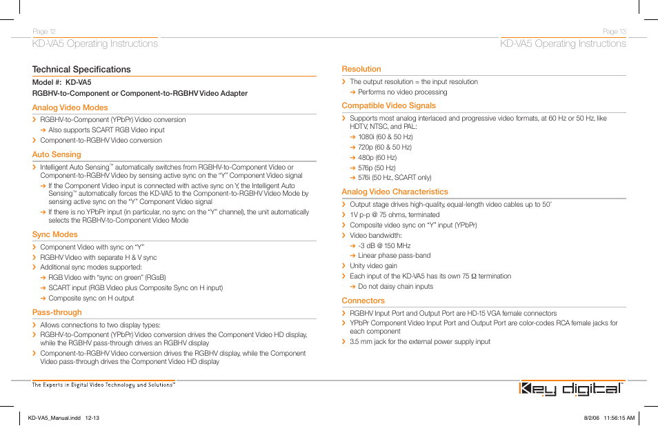 Kd-va5 operating instructions, Technical specifications | Key Digital KD-VA5 User Manual | Page 8 / 10