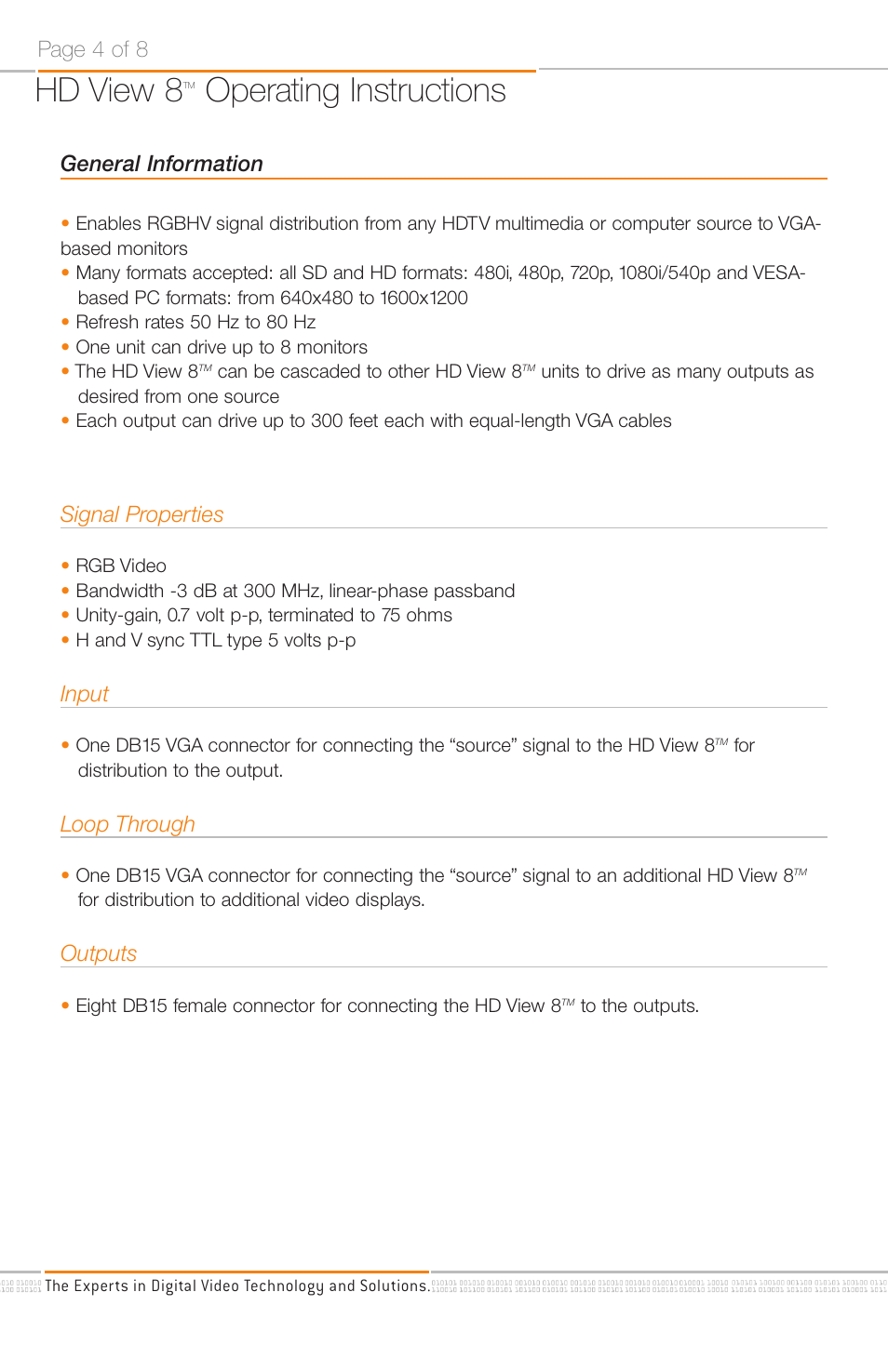 Hd view 8, Operating instructions, General information | Signal properties, Input, Loop through, Outputs, Page 4 of 8 | Key Digital KD-RGBDA8 User Manual | Page 4 / 8