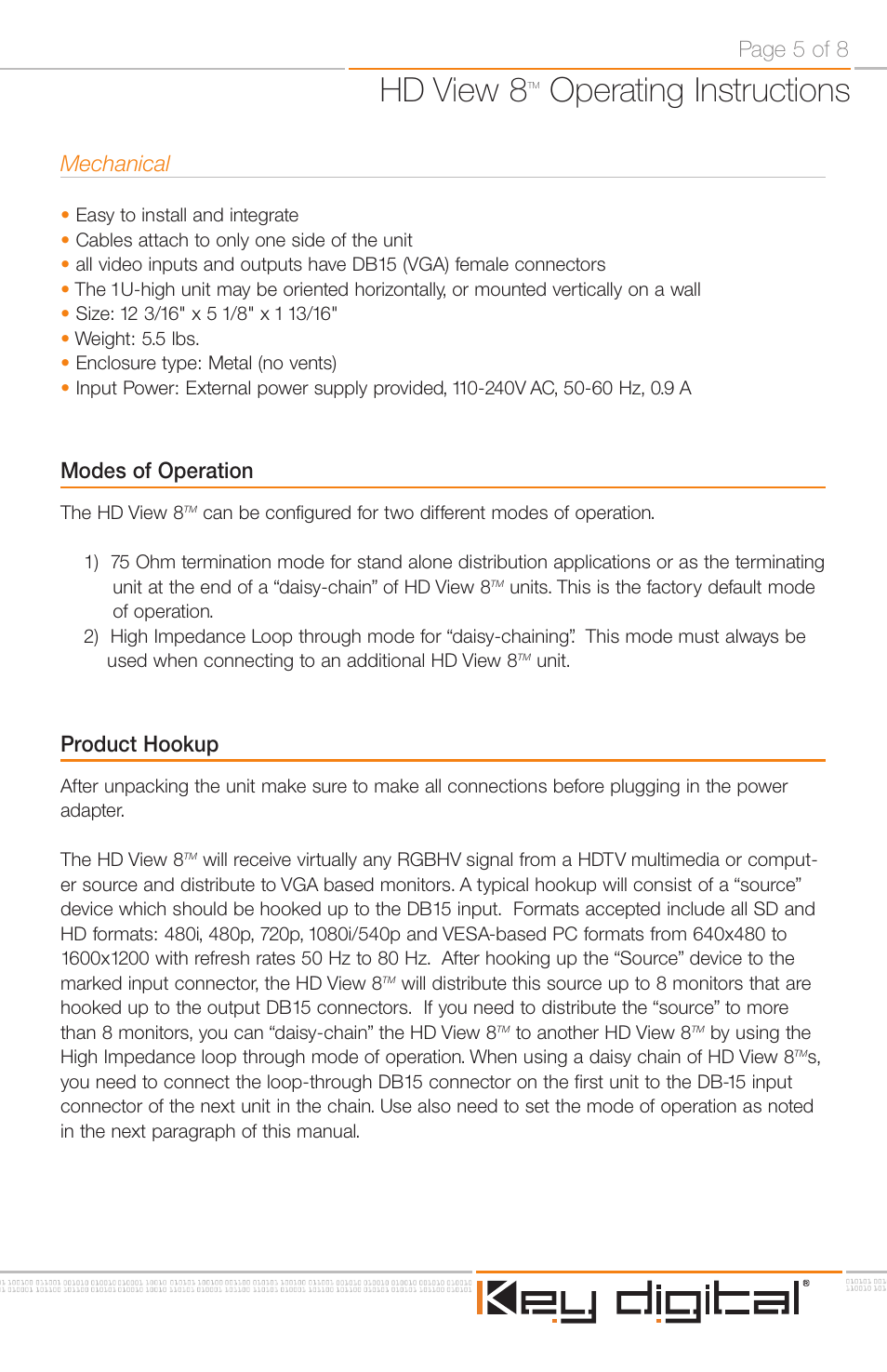 Hd view 8, Operating instructions, Mechanical | Modes of operation, Product hookup, Page 5 of 8 | Key Digital KD-RGBDA8 User Manual | Page 5 / 8