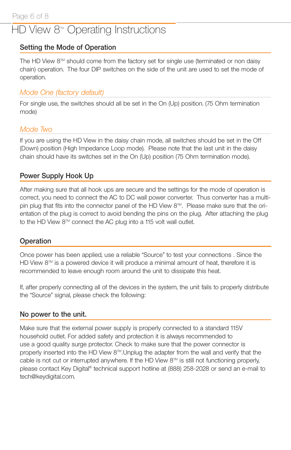 Hd view 8, Operating instructions, Setting the mode of operation | Mode one (factory default), Mode two, Power supply hook up, Operation, No power to the unit, Page 6 of 8 | Key Digital KD-RGBDA8 User Manual | Page 6 / 8