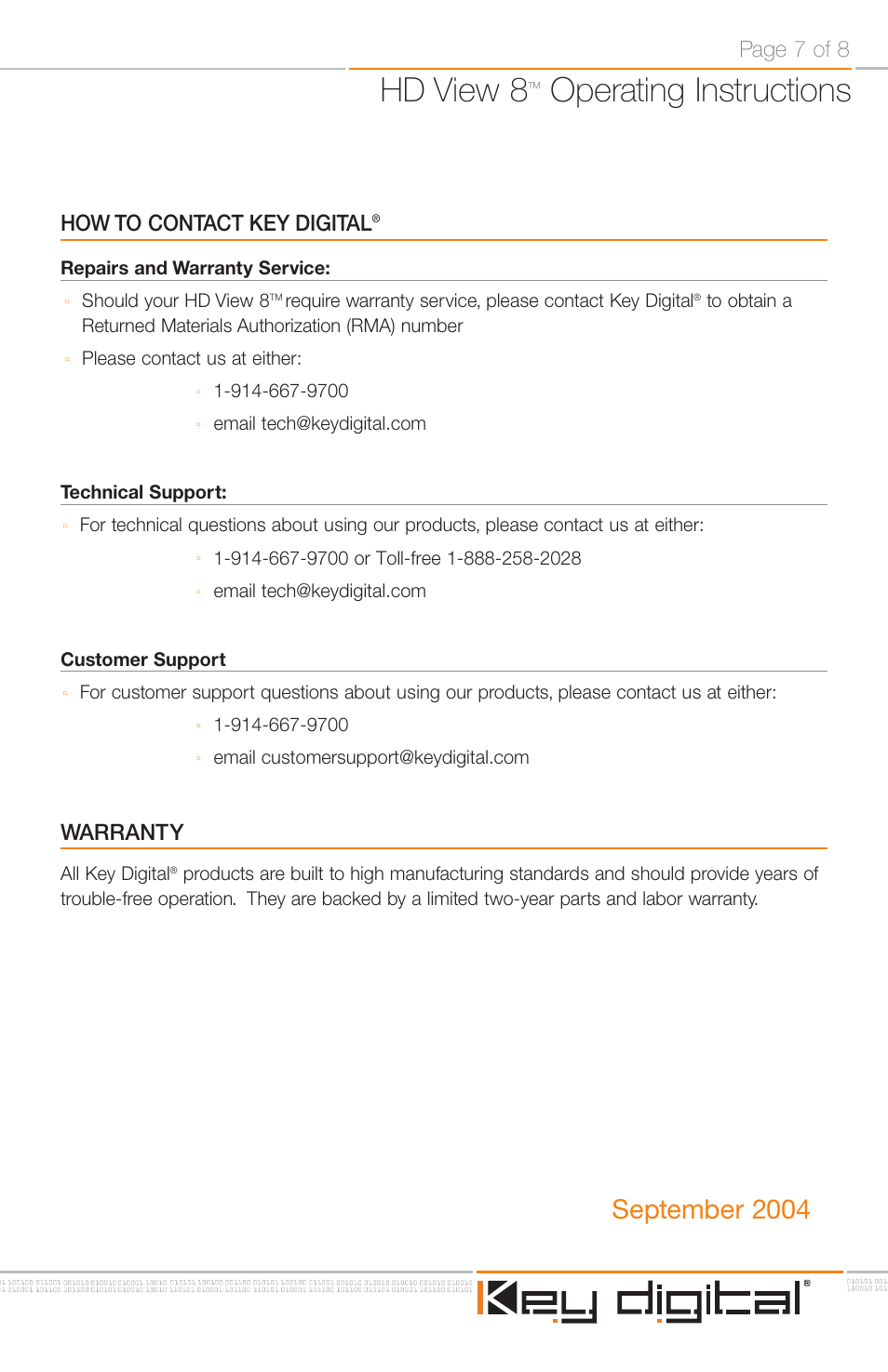 Hd view 8, Operating instructions, September 2004 | How to contact key digital, Warranty, Page 7 of 8 | Key Digital KD-RGBDA8 User Manual | Page 7 / 8