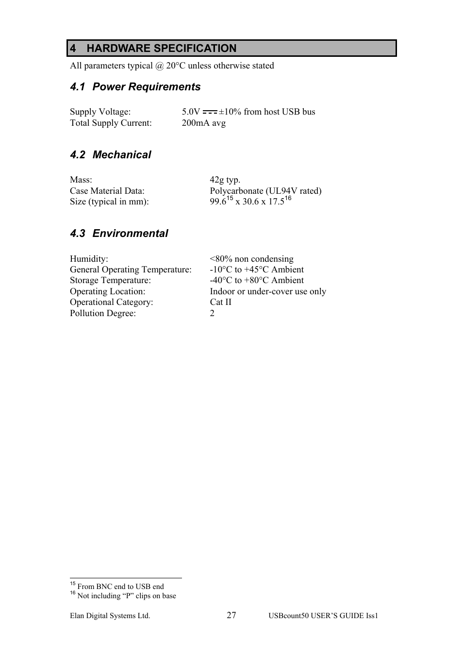 Hardware specification, Power requirements, Mechanical | Environmental, 4 hardware specification, 1 power requirements, 2 mechanical, 3 environmental | Key Digital ES381 User Manual | Page 27 / 30