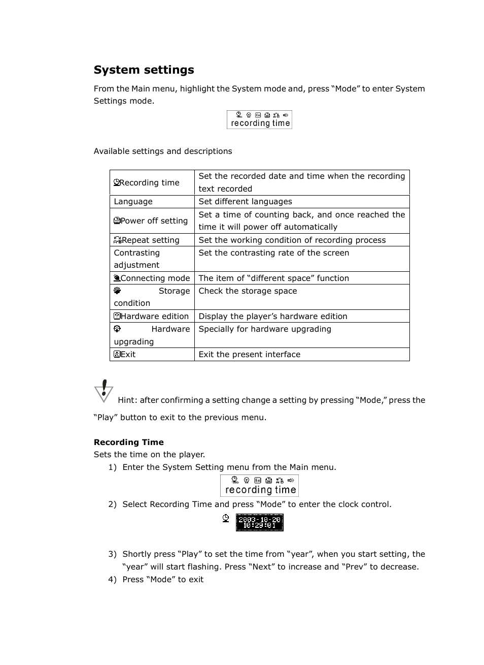 System settings | Kaser BW User Manual | Page 12 / 24