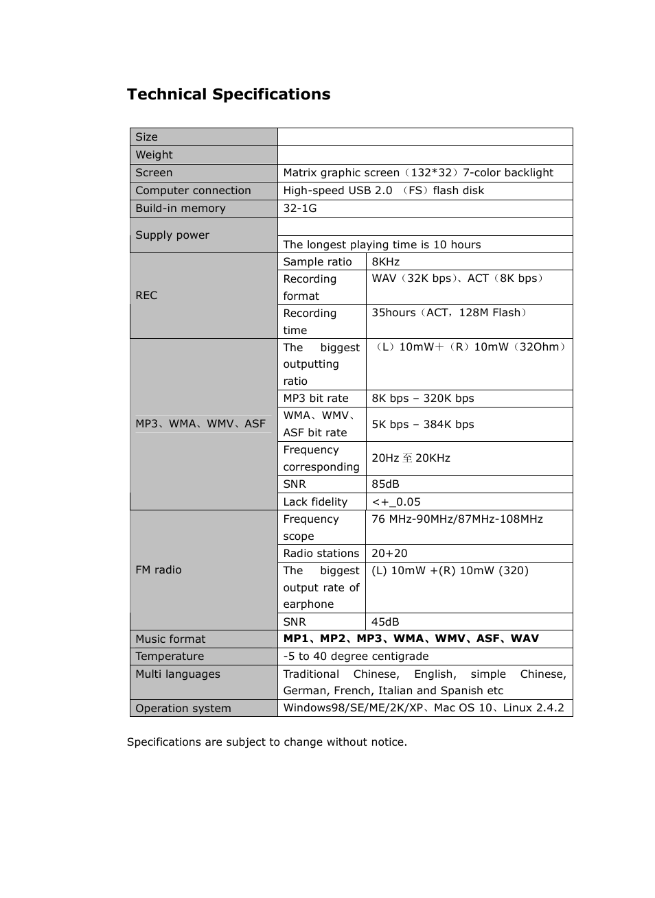 Technical specifications | Kaser BW User Manual | Page 24 / 24