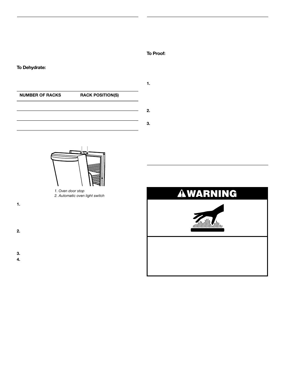 Dehydrating, Proofing bread, Temperature probe | Warning | KITCHENAID YKEBC278 User Manual | Page 17 / 24