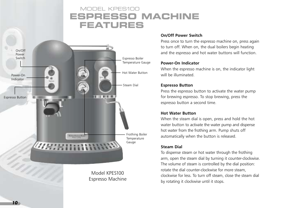 Espresso machine features | KITCHENAID PROLINE SERIES KPES100 User Manual | Page 12 / 44