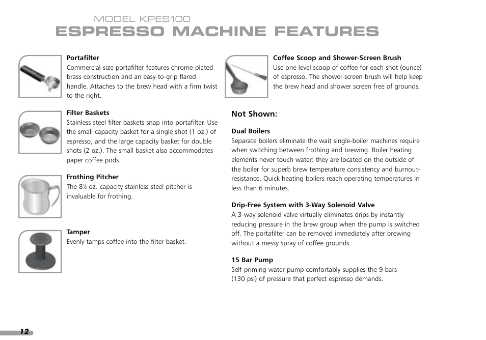 Espresso machine features | KITCHENAID PROLINE SERIES KPES100 User Manual | Page 14 / 44