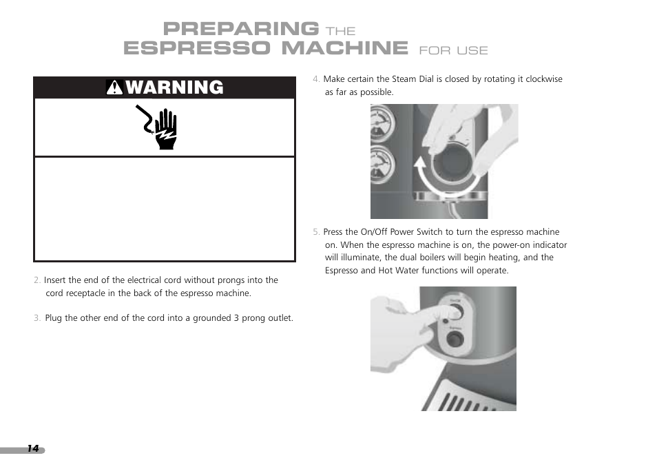Preparing, Espresso machine, Warning | KITCHENAID PROLINE SERIES KPES100 User Manual | Page 16 / 44