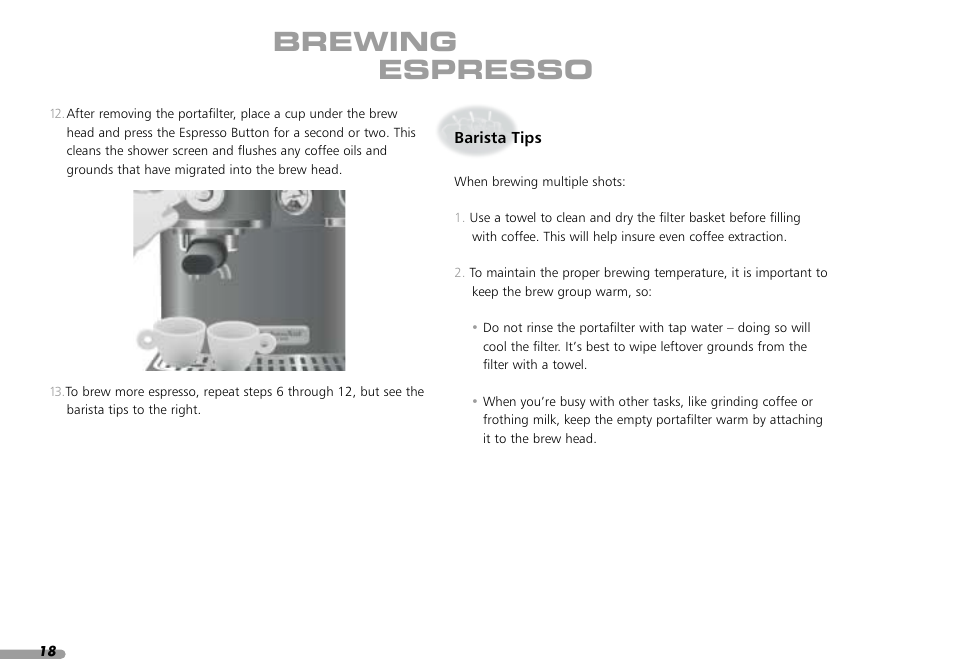 Brewing espresso | KITCHENAID PROLINE SERIES KPES100 User Manual | Page 20 / 44