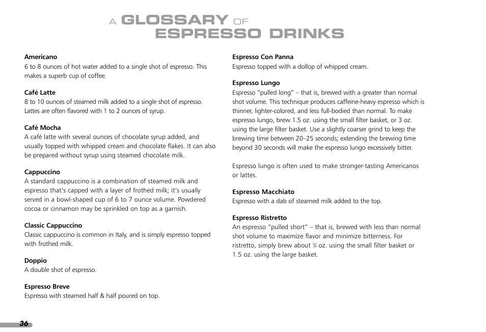 Glossary, Espresso drinks | KITCHENAID PROLINE SERIES KPES100 User Manual | Page 38 / 44