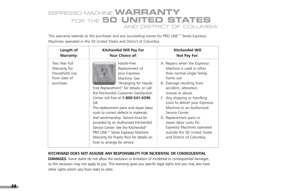 Warranty, 50 united states | KITCHENAID PROLINE SERIES KPES100 User Manual | Page 40 / 44