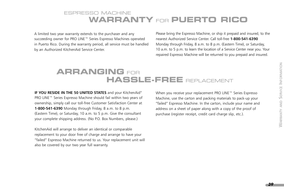 Warranty, Puerto rico, Arranging | Hassle-free | KITCHENAID PROLINE SERIES KPES100 User Manual | Page 41 / 44