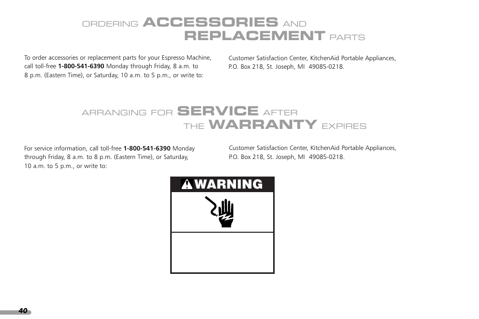 Accessories, Replacement, Service | Warranty, Warning | KITCHENAID PROLINE SERIES KPES100 User Manual | Page 42 / 44