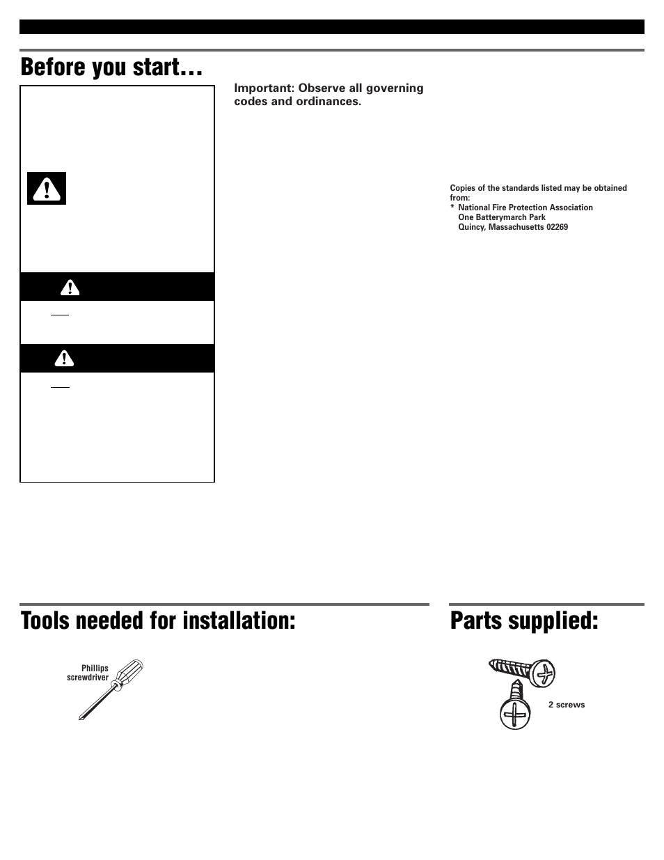 Before you start, Tools needed for installation, Parts supplied | Before you start... tools needed for installation, Danger, Warning | KITCHENAID 4452828 User Manual | Page 2 / 6
