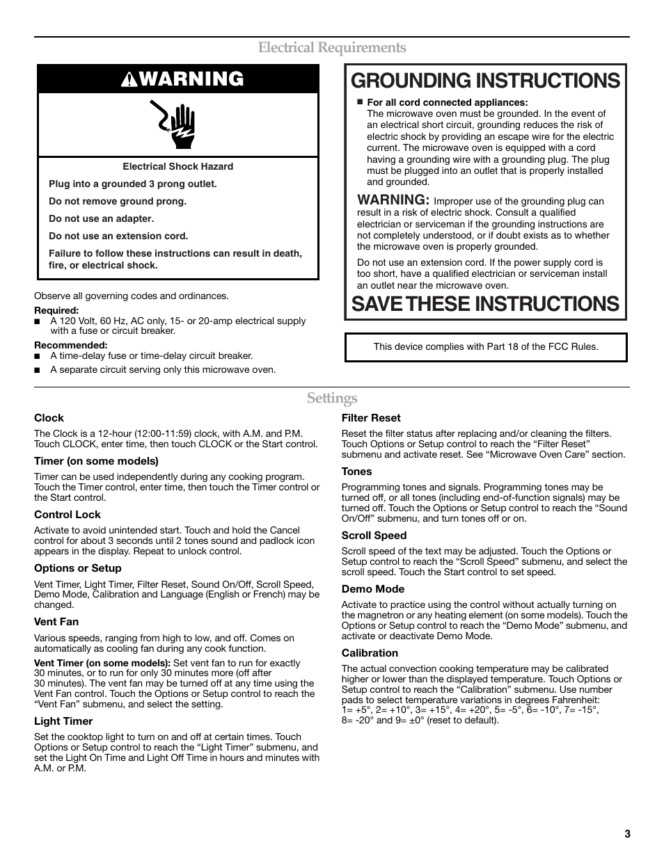 Grounding instructions save these instructions, Warning, Electrical requirements | Settings | KITCHENAID W10249655A User Manual | Page 3 / 8