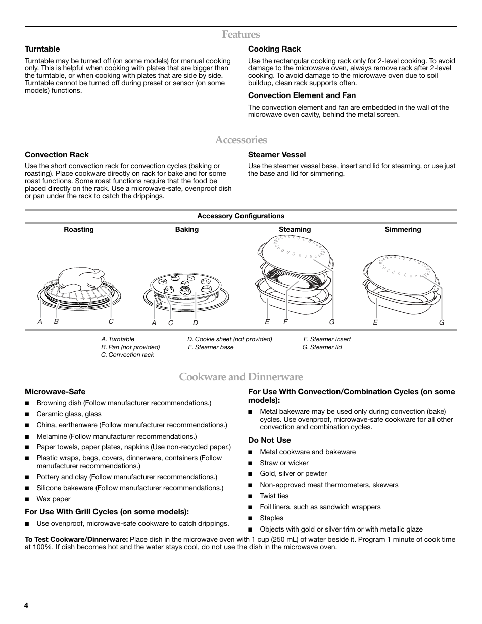 Features, Accessories, Cookware and dinnerware | KITCHENAID W10249655A User Manual | Page 4 / 8