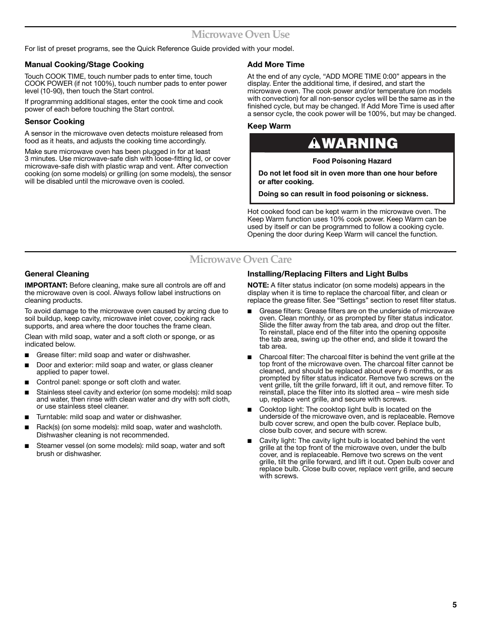 Warning, Microwave oven use, Microwave oven care | KITCHENAID W10249655A User Manual | Page 5 / 8