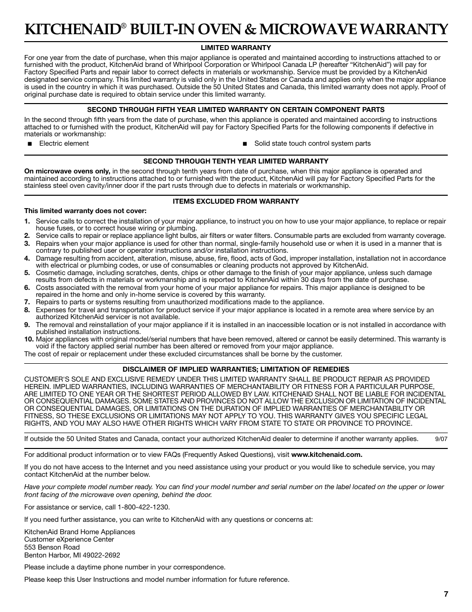 Kitchenaid, Built-in oven & microwave warranty | KITCHENAID W10249655A User Manual | Page 7 / 8