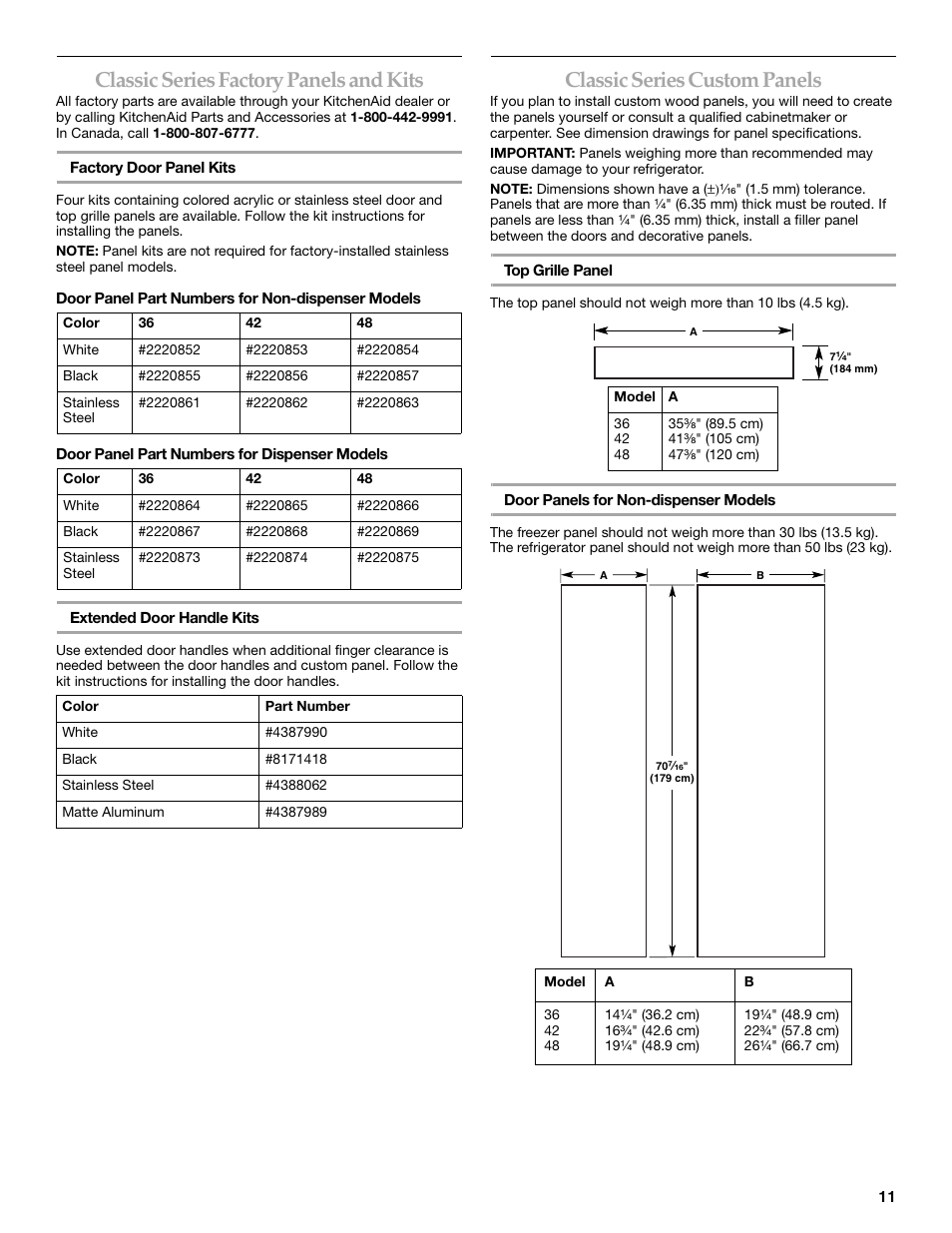 Classic series factory panels and kits, Classic series custom panels | KITCHENAID 2309069A User Manual | Page 11 / 76