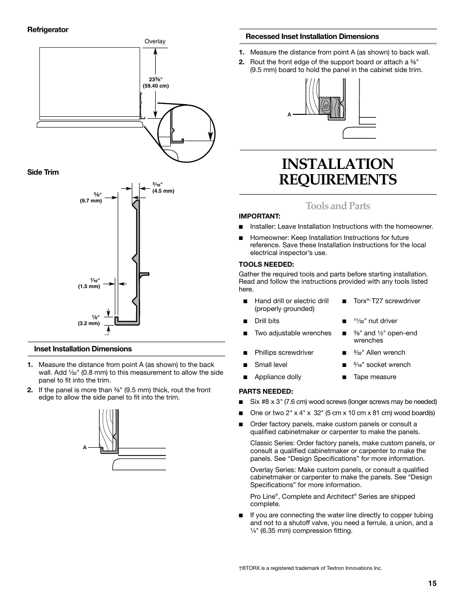 Installation requirements, Tools and parts | KITCHENAID 2309069A User Manual | Page 15 / 76