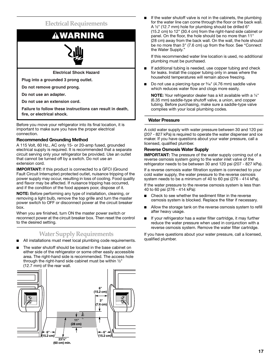 Electrical requirements, Water supply requirements, Warning | KITCHENAID 2309069A User Manual | Page 17 / 76