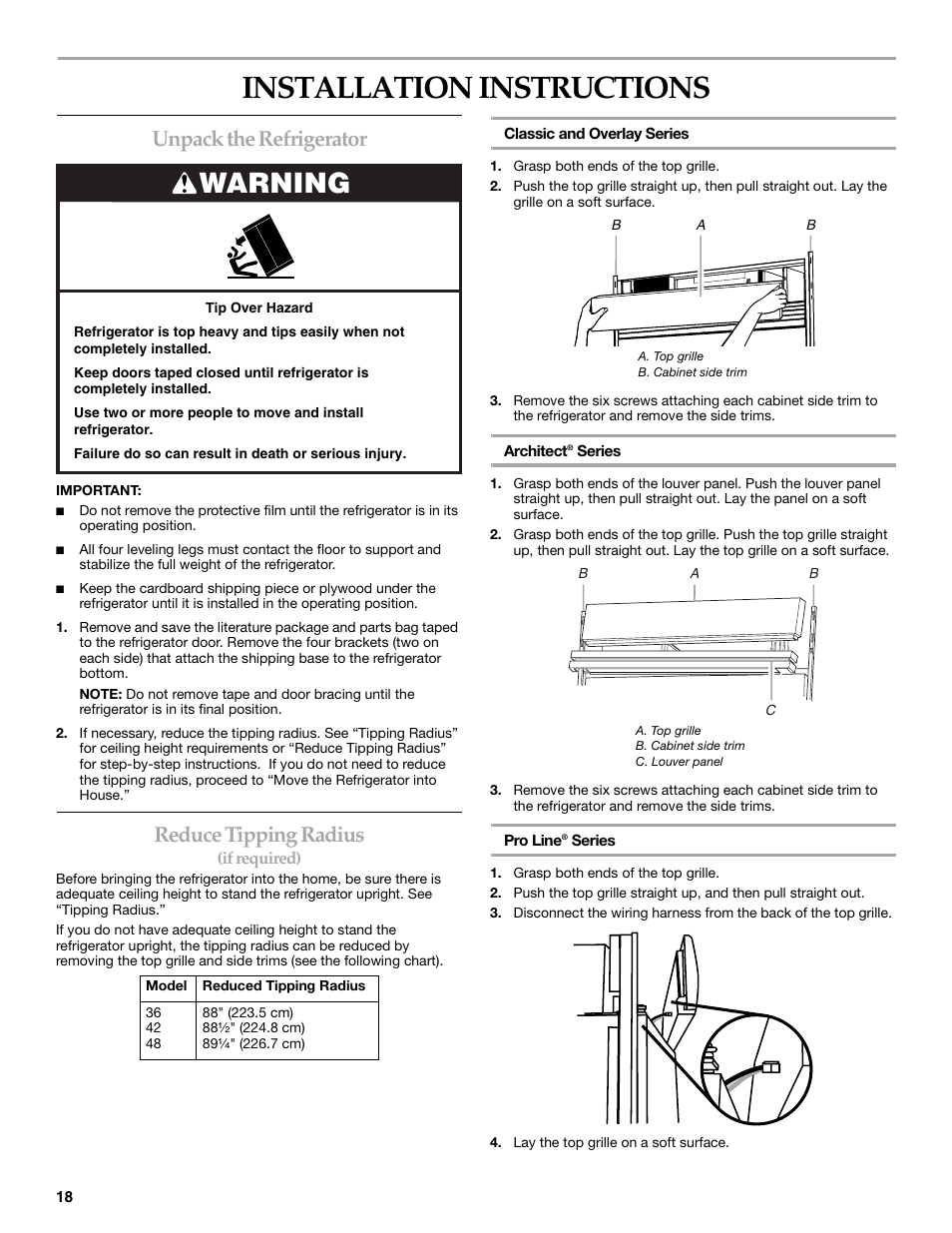 Installationi instructions, Unpack the refrigerator, Reduce tipping radius | Installation instructions, Warning | KITCHENAID 2309069A User Manual | Page 18 / 76