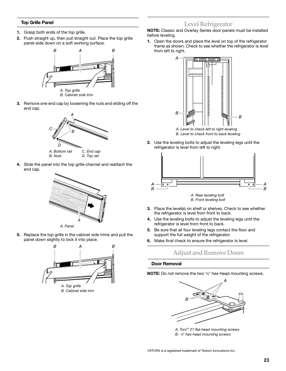 Level refrigerator, Adjust and remove doors | KITCHENAID 2309069A User Manual | Page 23 / 76