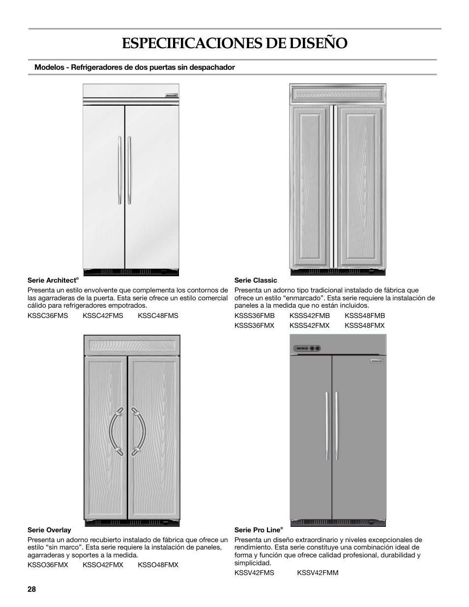 Especificaciones dediseño, Especificaciones de diseño | KITCHENAID 2309069A User Manual | Page 28 / 76